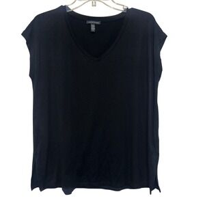 Eileen Fisher Black V-Neck Cap Sleeve Tunic Top Shirt Women's Small Stretch